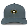 The Monarch Rugby Club Retro Trucker Cap by EMB S&S Activewear features gray and white retro styling, an embroidered "Monarch Rugby" with large "M" logo on the front, and a classic snapback closure.