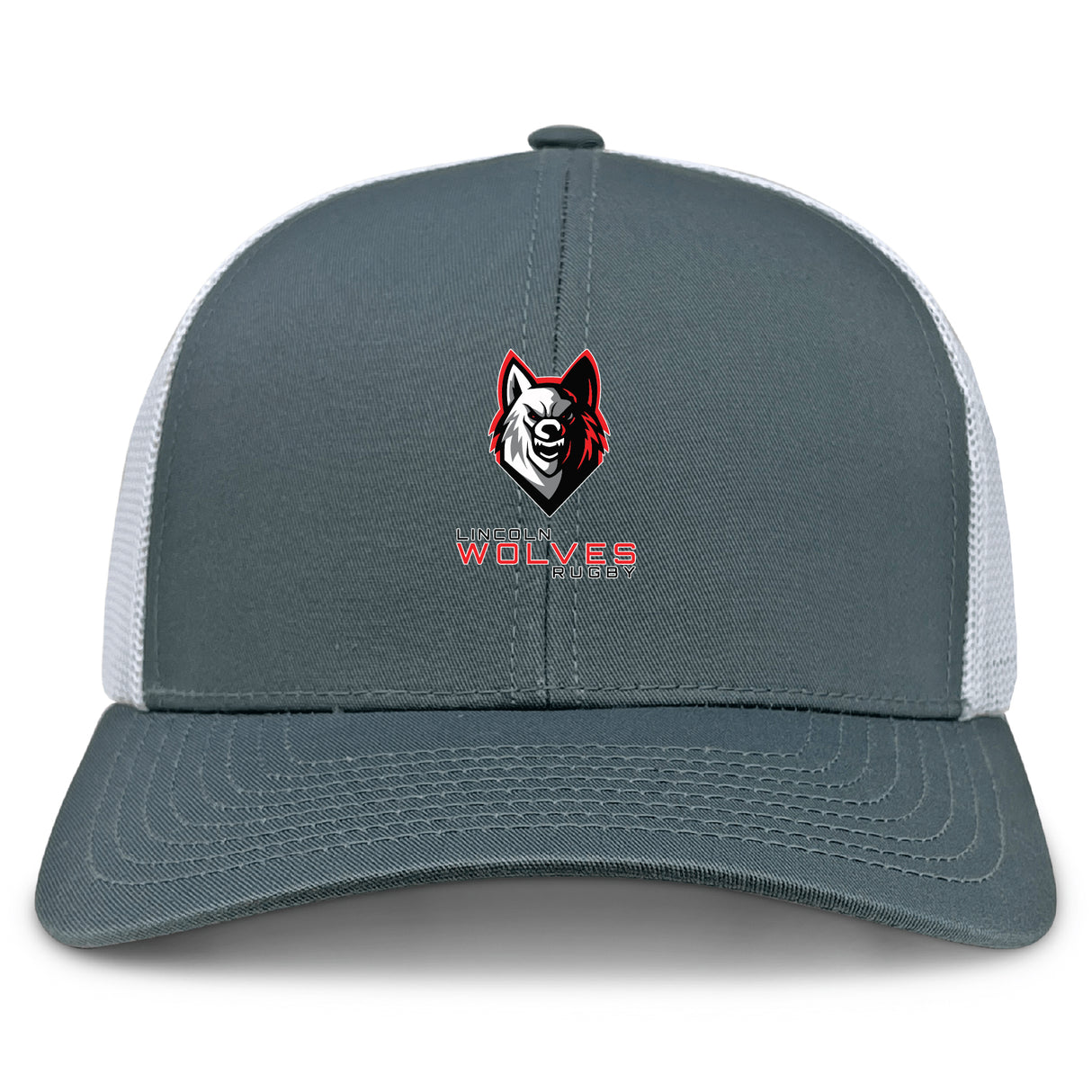 The Lincoln Wolves Retro Trucker Cap by EMB S&S Activewear features a gray and white design with an embroidered stylized wolf head logo and "WOLVES" text on the front.