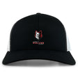 The Lincoln Wolves Retro Trucker Cap by EMB S&S Activewear features a black and white design, embroidered red and white wolf logo with "Lincoln Wolves Rugby" text on the front, and a snapback closure.
