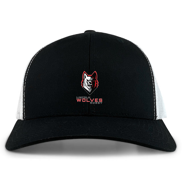 The Lincoln Wolves Retro Trucker Cap by EMB S&S Activewear features a black and white design, embroidered red and white wolf logo with "Lincoln Wolves Rugby" text on the front, and a snapback closure.