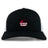 The Guilford College Retro Trucker Cap by EMB S&S Activewear features a black and white design, "Quaker Rugby" and rugby ball logo embroidered in red and white on the front, plus an adjustable snapback closure.