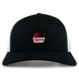 The Guilford College Retro Trucker Cap by EMB S&S Activewear features a black and white design, "Quaker Rugby" and rugby ball logo embroidered in red and white on the front, plus an adjustable snapback closure.