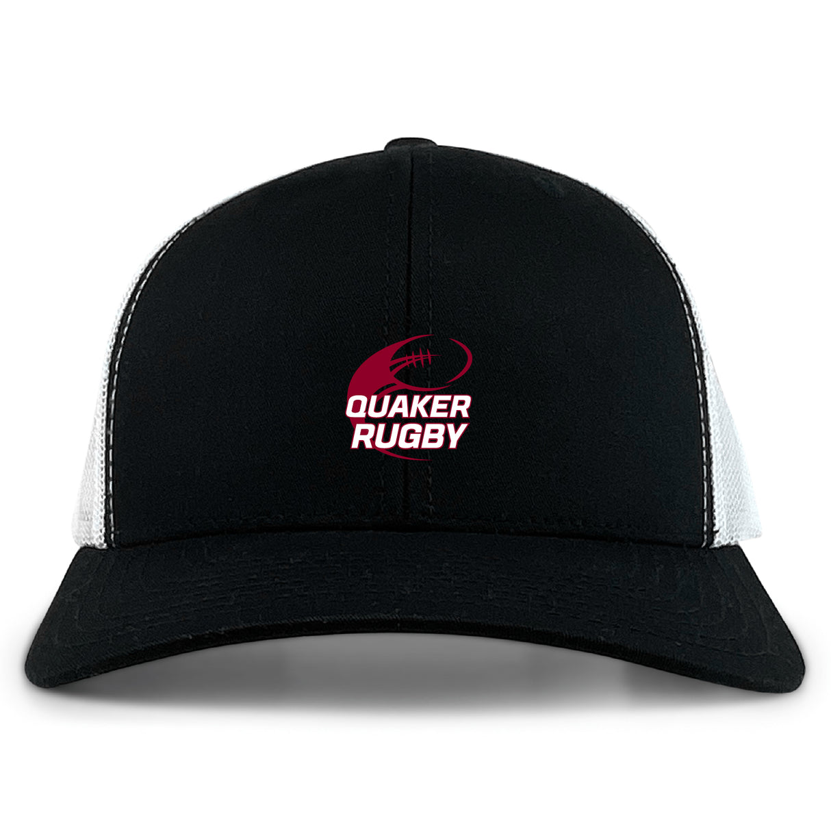 The Guilford College Retro Trucker Cap by EMB S&S Activewear features a black and white design, "Quaker Rugby" and rugby ball logo embroidered in red and white on the front, plus an adjustable snapback closure.