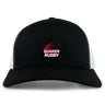 The Guilford College Retro Trucker Cap by EMB S&S Activewear features a black and white design, "Quaker Rugby" and rugby ball logo embroidered in red and white on the front, plus an adjustable snapback closure.