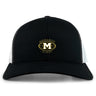The Monarch Rugby Club Retro Trucker Cap by EMB S&S Activewear features a black and white design, an embroidered gold "M" rugby ball logo on the front, and an adjustable snapback closure.