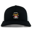 The EMB S&S Activewear Atlanta Old White Rugby Champs Retro Trucker Cap features a black and white design with an embroidered 2025 National Champions eagle, football, and banner emblem on the front, plus an adjustable snapback closure.