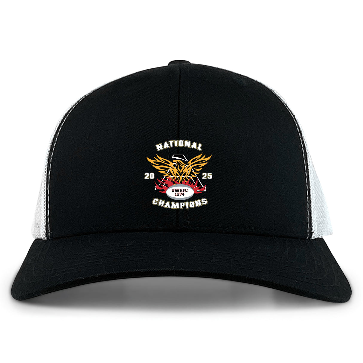 The EMB S&S Activewear Atlanta Old White Rugby Champs Retro Trucker Cap features a black and white design with an embroidered 2025 National Champions eagle, football, and banner emblem on the front, plus an adjustable snapback closure.