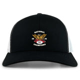 The EMB S&S Activewear Atlanta Old White Rugby Champs Retro Trucker Cap features a black and white design with an embroidered 2025 National Champions eagle, football, and banner emblem on the front, plus an adjustable snapback closure.