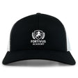 The Fortivus Academy Retro Trucker Cap by EMB S&S Activewear features a black and white design, an embroidered “Fortivus Academy” logo with lion and laurel wreath on the front, and an adjustable snapback closure.