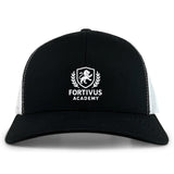 The Fortivus Academy Retro Trucker Cap by EMB S&S Activewear features a black and white design, an embroidered “Fortivus Academy” logo with lion and laurel wreath on the front, and an adjustable snapback closure.