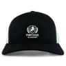 The Fortivus Academy Retro Trucker Cap by EMB S&S Activewear features a black and white design, an embroidered “Fortivus Academy” logo with lion and laurel wreath on the front, and an adjustable snapback closure.