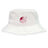 The Guilford College Crusher Bucket Cap by EMB S&S Activewear is a white cotton twill hat with a maroon "Quaker Rugby" logo and stylized rugby ball on the front, offering classic sun protection for outdoor events.