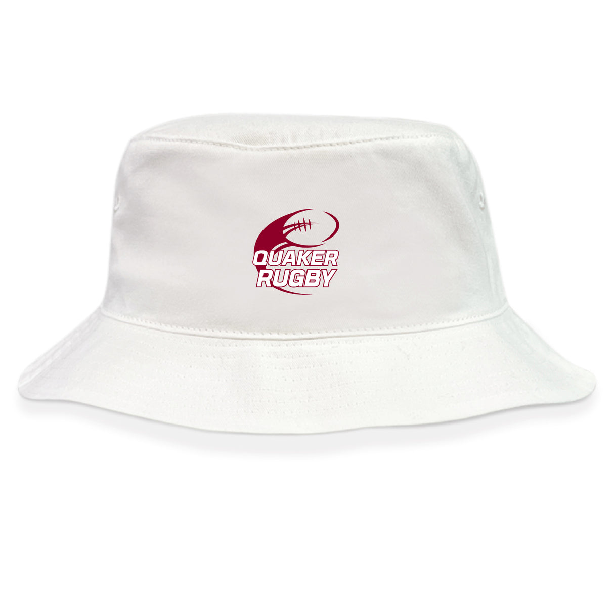 The Guilford College Crusher Bucket Cap by EMB S&S Activewear is a white cotton twill hat with a maroon "Quaker Rugby" logo and stylized rugby ball on the front, offering classic sun protection for outdoor events.