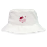 The Guilford College Crusher Bucket Cap by EMB S&S Activewear is a white cotton twill hat with a maroon "Quaker Rugby" logo and stylized rugby ball on the front, offering classic sun protection for outdoor events.