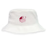 The Guilford College Crusher Bucket Cap by EMB S&S Activewear is a white cotton twill hat with a maroon "Quaker Rugby" logo and stylized rugby ball on the front, offering classic sun protection for outdoor events.