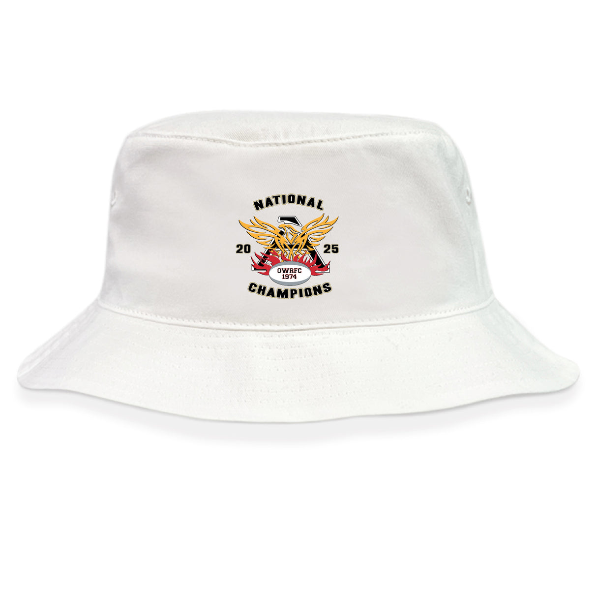 The Atlanta Old White Rugby Champs Crusher Bucket Cap by EMB S&S Activewear features "National Champions 2025" embroidery with a stylized eagle and red, black, and gold accents—ideal for stylish sun protection.
