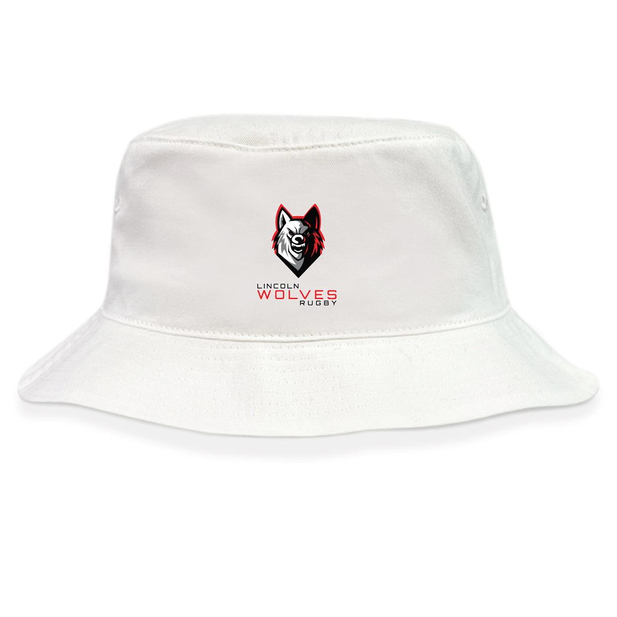 The Lincoln Wolves Crusher Bucket Cap by EMB S&S Activewear features the official rugby logo with a bold wolf head and red text—ideal sun protection for every game.