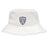 The Franklin County High School Rugby Crusher Bucket Cap by EMB S&S Activewear is a white cotton hat featuring a blue and yellow Flyer RFC logo patch on the front, perfect for stylish sun protection.