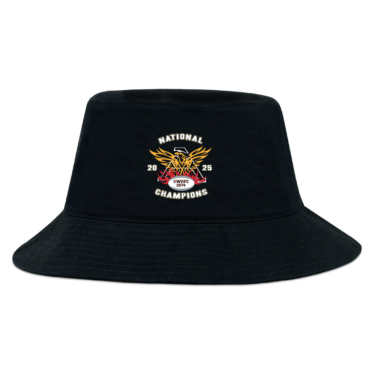 The Atlanta Old White Rugby Champs Crusher Bucket Cap by EMB S&S Activewear is a black cotton hat with an embroidered "National Champions 2025" logo, including a stylized eagle and red, white, and gold accents for sun protection at outdoor events.