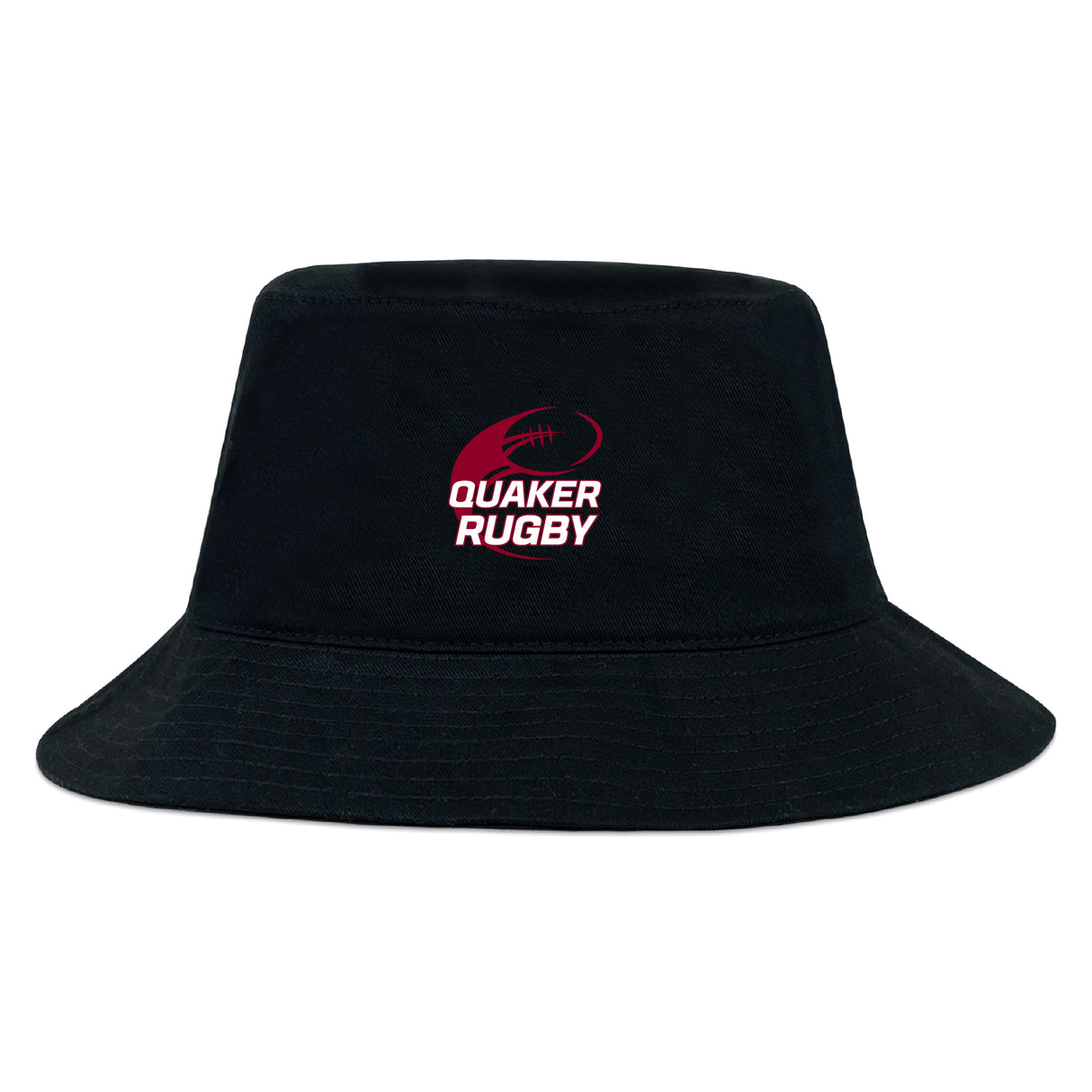 The Guilford College Crusher Bucket Cap by EMB S&S Activewear is a black cotton twill hat showcasing a red and white "Quaker Rugby" logo with a rugby ball graphic, providing stylish sun protection.