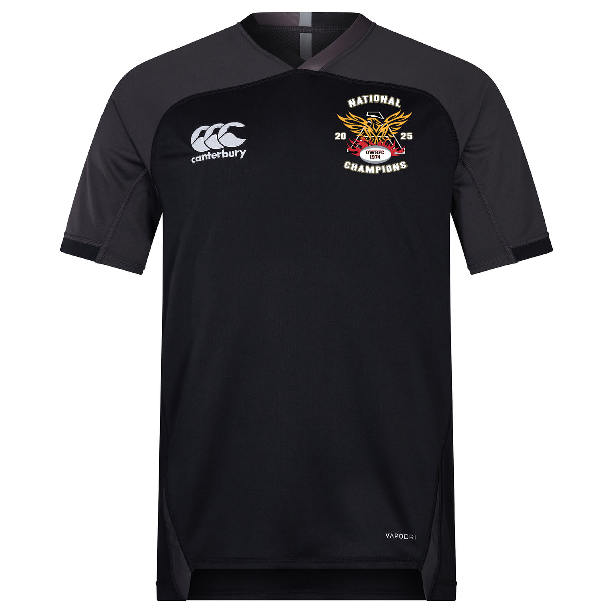 The Atlanta Old White Rugby Champs Vapodri Evader Jersey by EMB Canterbury is a black short-sleeve jersey with the white Canterbury logo, a "National Champions 2023" emblem, and VapoDri tech for comfort.
