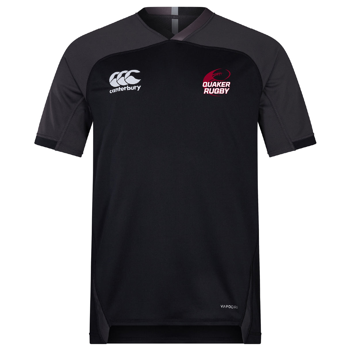 The Guilford College Vapodri Evader Jersey by EMB Canterbury is a black short-sleeve rugby jersey featuring "Canterbury" and "Quaker Rugby" chest logos, a V-neck, subtle paneling, and VapoDri finish for added comfort.