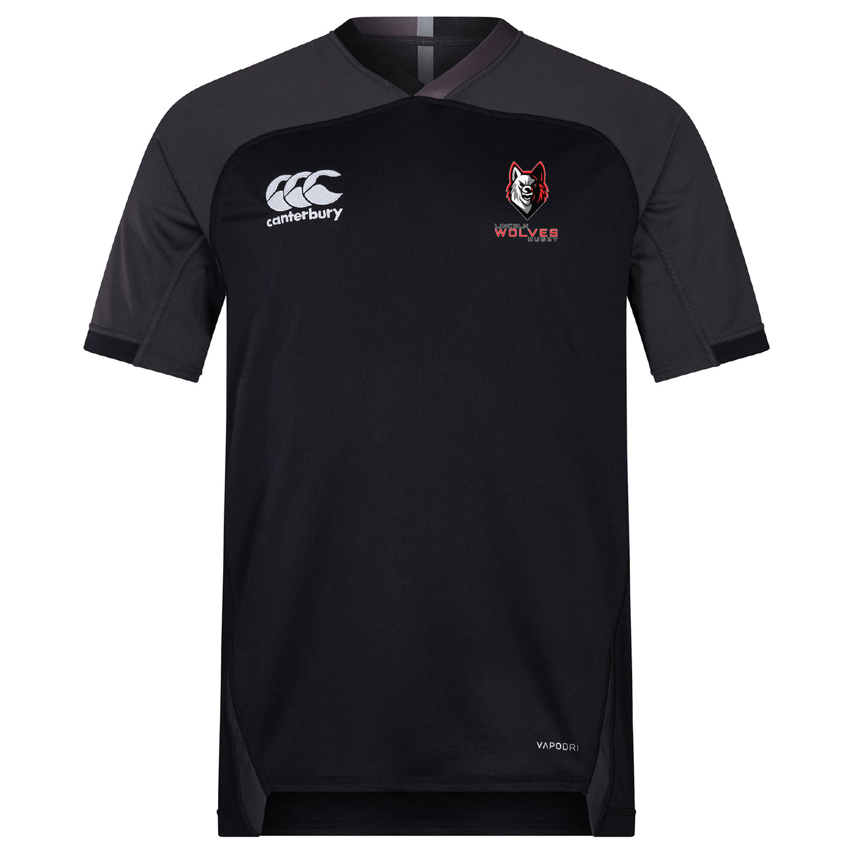 The Lincoln Wolves Vapodri Evader Jersey by EMB Canterbury is black and dark grey with short sleeves, features moisture-wicking fabric, and displays Wolves logos on the chest.