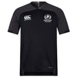 The Fortivus Academy Vapodri Evader Jersey by EMB Canterbury is a black short-sleeve rugby top with left-chest Canterbury and right-chest Fortivus logos, plus moisture-wicking tech to keep you dry and comfortable during matches.