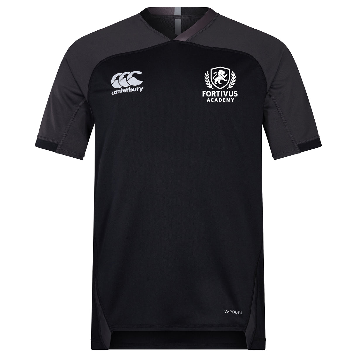 The Fortivus Academy Vapodri Evader Jersey by EMB Canterbury is a black short-sleeve rugby top with left-chest Canterbury and right-chest Fortivus logos, plus moisture-wicking tech to keep you dry and comfortable during matches.