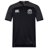 The Fortivus Academy Vapodri Evader Jersey by EMB Canterbury is a black short-sleeve rugby top with left-chest Canterbury and right-chest Fortivus logos, plus moisture-wicking tech to keep you dry and comfortable during matches.