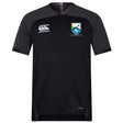 The Las Colinas Rugby Vapodri Evader Jersey by EMB Canterbury is a black short-sleeve rugby top with moisture-wicking fabric, embroidered Canterbury logo on the right chest, and Las Cebras RFC crest on the left.