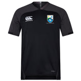 The Las Colinas Rugby Vapodri Evader Jersey by EMB Canterbury is a black short-sleeve rugby top with moisture-wicking fabric, embroidered Canterbury logo on the right chest, and Las Cebras RFC crest on the left.