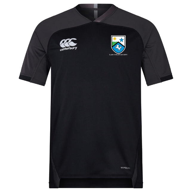The Las Colinas Rugby Vapodri Evader Jersey by EMB Canterbury is a black short-sleeve rugby top with moisture-wicking fabric, embroidered Canterbury logo on the right chest, and Las Cebras RFC crest on the left.