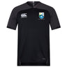 The Las Colinas Rugby Vapodri Evader Jersey by EMB Canterbury is a black short-sleeve rugby top with moisture-wicking fabric, embroidered Canterbury logo on the right chest, and Las Cebras RFC crest on the left.