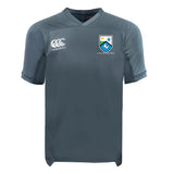 The Las Colinas Rugby Vapodri Evader Jersey by EMB Canterbury is a gray short-sleeve rugby top with moisture-wicking fabric, the EMB Canterbury logo on the right chest, and a Las Colinas RFC crest on the left.