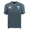 The Las Colinas Rugby Vapodri Evader Jersey by EMB Canterbury is a gray short-sleeve rugby top with moisture-wicking fabric, the EMB Canterbury logo on the right chest, and a Las Colinas RFC crest on the left.