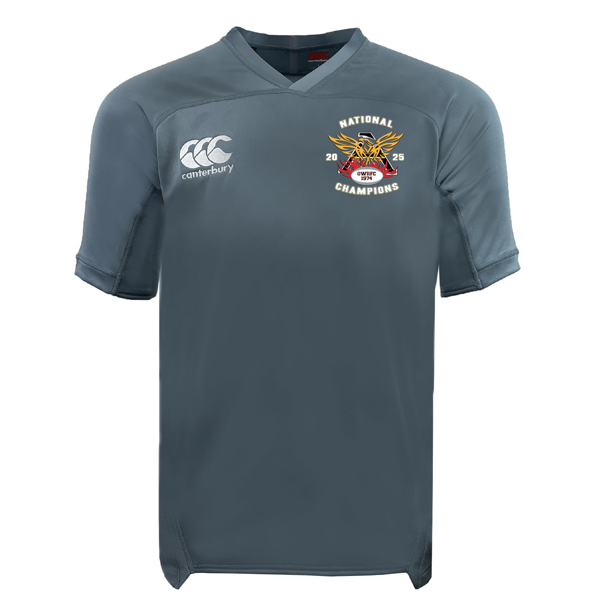 The Atlanta Old White Rugby Champs Vapodri Evader Jersey by EMB Canterbury is a gray short-sleeve rugby top featuring VapoDri tech, the Canterbury logo on the right chest, and a 2025 National Champions tiger emblem on the left.