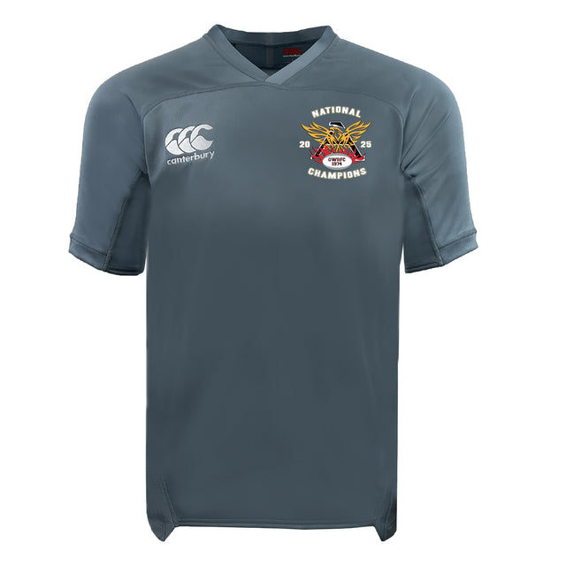 The Atlanta Old White Rugby Champs Vapodri Evader Jersey by EMB Canterbury is a gray short-sleeve rugby top featuring VapoDri tech, the Canterbury logo on the right chest, and a 2025 National Champions tiger emblem on the left.