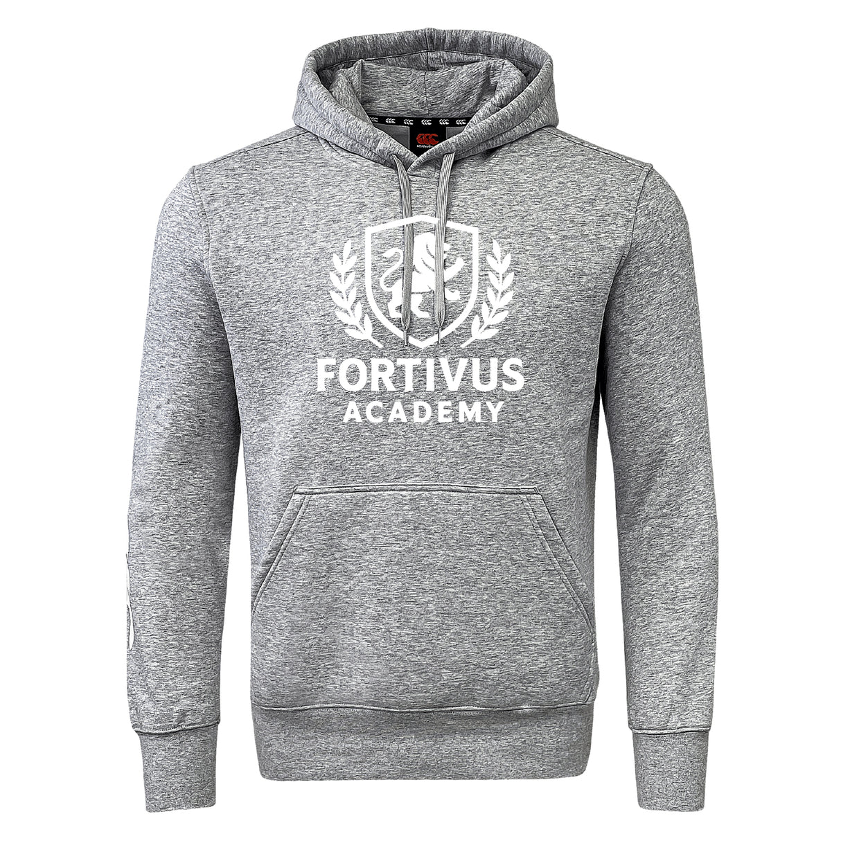 The Fortivus Academy Club Hoodie by Canterbury from WRS Canterbury is a grey, rugby-inspired hooded sweatshirt with a front pocket and "Fortivus Academy" plus crest logo printed in white on the chest.