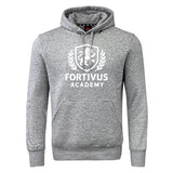 The Fortivus Academy Club Hoodie by Canterbury from WRS Canterbury is a grey, rugby-inspired hooded sweatshirt with a front pocket and "Fortivus Academy" plus crest logo printed in white on the chest.