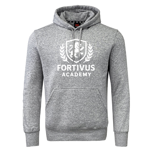 The Fortivus Academy Club Hoodie by Canterbury from WRS Canterbury is a grey, rugby-inspired hooded sweatshirt with a front pocket and "Fortivus Academy" plus crest logo printed in white on the chest.