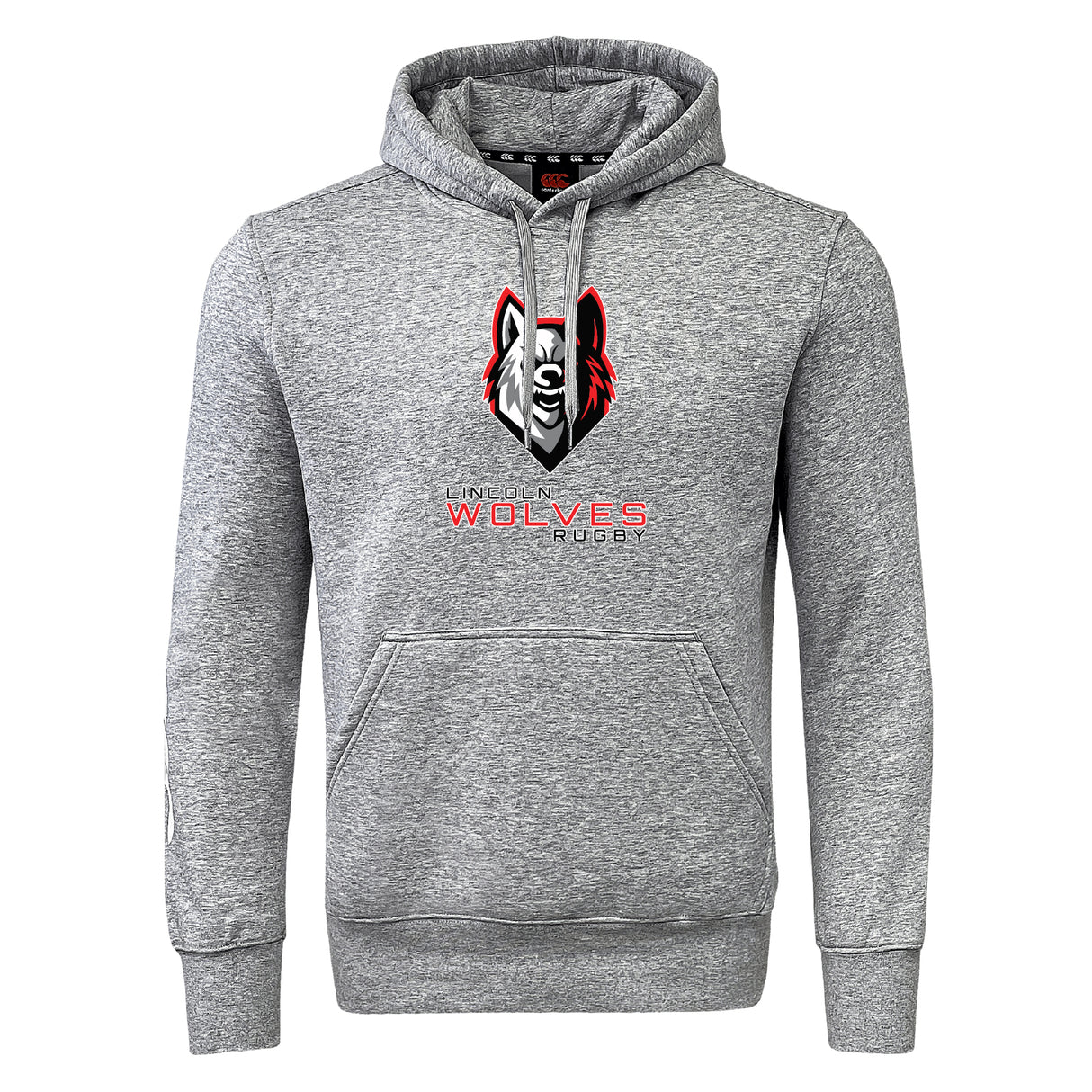 The Lincoln Wolves Club Hoodie by WRS Canterbury is a gray hooded sweatshirt with a front pocket and "Lincoln Wolves Rugby" wolf head logo—ideal as a custom team hoodie for any rugby club.