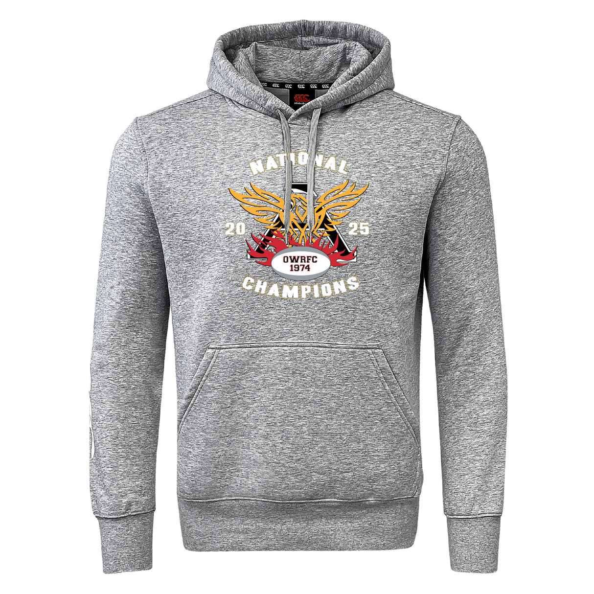 Show off your team pride in the Atlanta Old White Rugby Champs Club Hoodie by WRS Canterbury, featuring a bold “National Champions 2025 OWRFC 1974” graphic with wings and rugby ball motif, classic front pocket, and cozy gray hooded design.