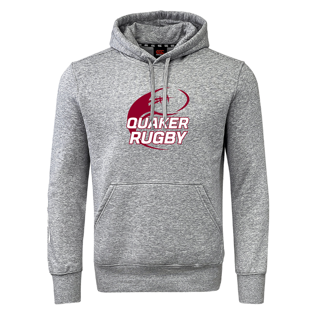 The Guilford College Club Hoodie by WRS Canterbury is a gray hoodie with a front pocket, and features a maroon and white "Quaker Rugby" logo with a rugby ball graphic on the chest.