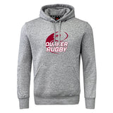 The Guilford College Club Hoodie by WRS Canterbury is a gray hoodie with a front pocket, and features a maroon and white "Quaker Rugby" logo with a rugby ball graphic on the chest.