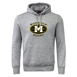 The Monarch Rugby Club Club Hoodie by WRS Canterbury is a gray hoodie with a front pocket, featuring "Monarch Rugby" and a large black-and-yellow "M" logo on the chest—perfect for any rugby fan’s collection.