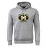 The Monarch Rugby Club Club Hoodie by WRS Canterbury is a gray hoodie with a front pocket, featuring "Monarch Rugby" and a large black-and-yellow "M" logo on the chest—perfect for any rugby fan’s collection.