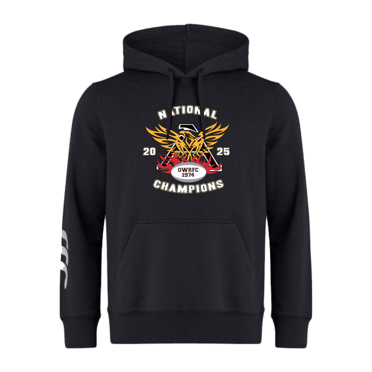 The Atlanta Old White Rugby Champs Club Hoodie by WRS Canterbury features a "NATIONAL CHAMPIONS 2025 OWRFC 1974" front graphic, stylized eagle and wings, and three white stripes on the left sleeve—perfect for your rugby club.