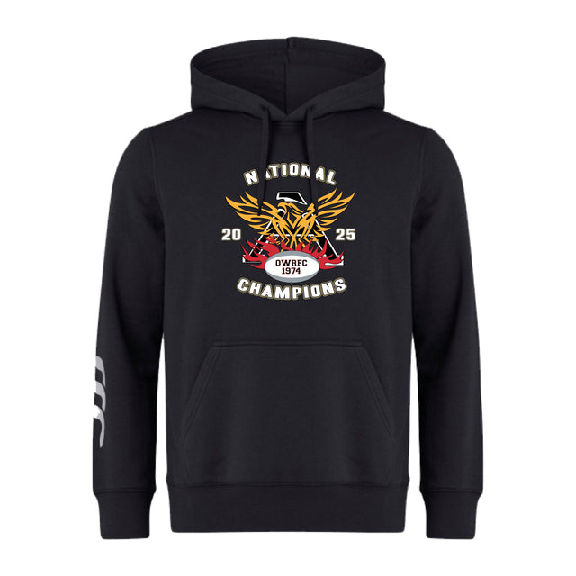 The Atlanta Old White Rugby Champs Club Hoodie by WRS Canterbury features a "NATIONAL CHAMPIONS 2025 OWRFC 1974" front graphic, stylized eagle and wings, and three white stripes on the left sleeve—perfect for your rugby club.