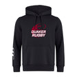 The Guilford College Club Hoodie by WRS Canterbury features a maroon rugby ball with "Quaker Rugby" on the chest and three white stripes on the right sleeve.